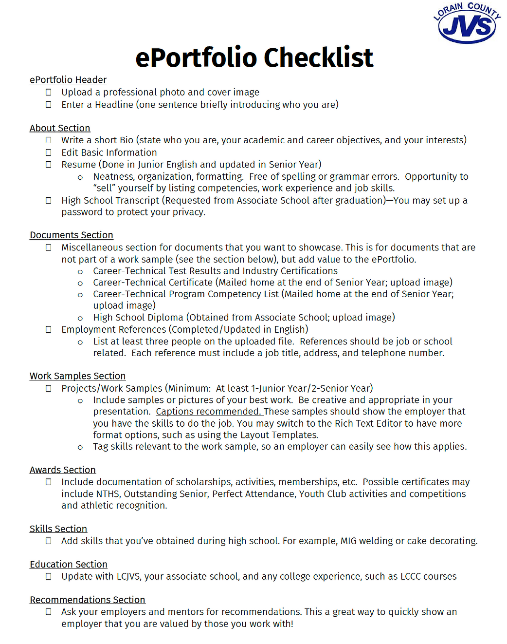 TThis is an image of the ePortfolio Checklist Lorain County Joint Vocational School uses for its students implementing ePortoflio                        